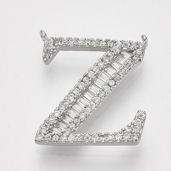 Real Platinum Plated Brass Pendants, with Clear Cubic Zirconia, Letter, Nickel Free, Letter.Z, 18.5x15.5x2.5mm, Hole: 0.8mm