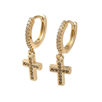 Brass Dangle Earrings, with Glass, Cross, 23.5x7.5mm