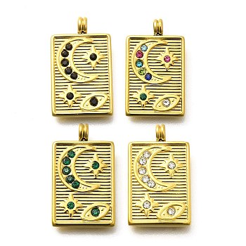 304 Stainless Steel Rhinestone Pendants, Ion Plating(IP), Real 14K Gold Plated, Rectangle with Moon Pattern Charms, Mixed Color, 22x13x2.5mm, Hole: 2.5mm