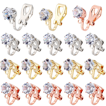30Pcs 3 Colors Brass Clip-on Earring Findings, with Clear Cubic Zirconia and Loops, Mixed Color, 17x6x9mm, Hole: 1.2mm, 10Pcs/color