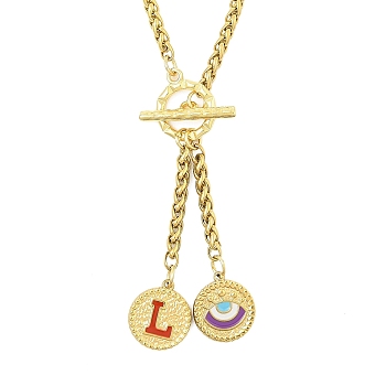 Ion Plating(IP) 304 Stainless Steel Red Enamel Letter & Eye Pendant Wheat Chain Necklaces, with Toggle Clasps, Golden, Letter L, 20.47~20.87 inch(52~53cm)