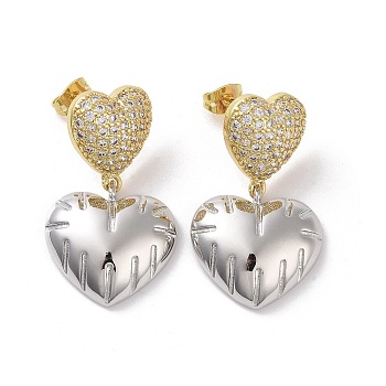 Two Tone Brass Micro Pave Clear Cubic Zirconia Dangle Stud Earrings, Platinum & Golden, Heart, 32x20mm
