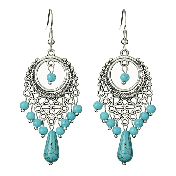 Synthetic Turquoise Beaded Long Drop Earrings, Tibetan Style Alloy Chandelier Earrings with Brass Pins, 63x24.5mm