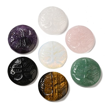 Natural & Synthetic Mixed Gemstone Pendants, Flat Round Charms with Engraved Tree of Life, 35~37x7.5~9.5mm, Hole: 1.5mm