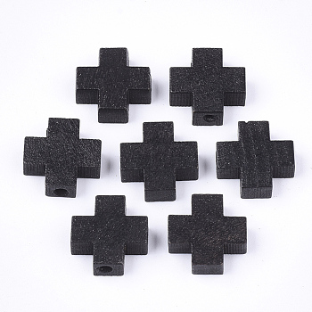 Natural Wooden Beads, Dyed, Cross, Black, 14.5~15x14.5~15x5mm, Hole: 2.5mm