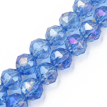 Electroplate Transparent Glass Beads Strands, Faceted, Round, Cornflower Blue, 9.5~10mm, Hole: 1.4~1.6mm, about 58~60pcs/strand, 21.06~21.85 inch(53.5~55.5cm)