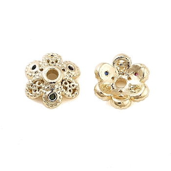 Flower Brass Cubic Zirconia Bead Caps, Cadmium Free & Lead Free, 6-Petal, Long-Lasting Plated, Real 18K Gold Plated, 6.5x2.5mm, Hole: 1mm