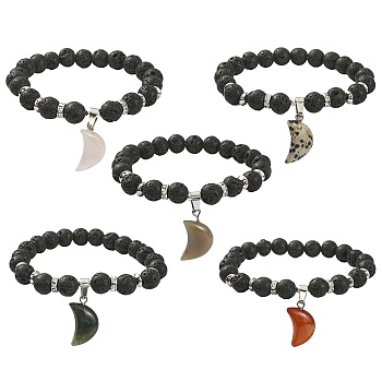 Natural Lava Rock Round Beaded Stretch Bracelet, Natural & Synthetic Mixed Gemstone Moon Charms Adjustable Bracelet for Women, Mixed Color, Inner Diameter: 2-1/8 inch(5.4cm)