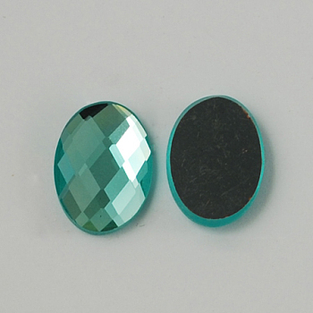 Electroplate Glass Cabochons, Flat Back & Back Plated, Faceted, Oval, Sky Blue, 14x10x4mm