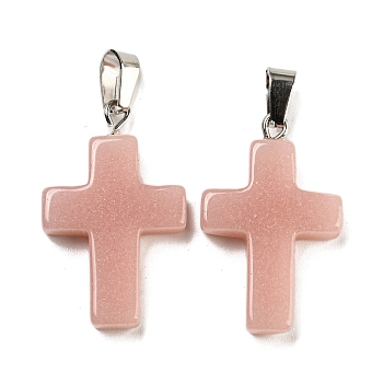 Synthetic Luminous Stone Dyed Pendants, Glow in the Dark Cross Charms with Platinum Plated Iron Snap on Bails, Light Coral, 28x18x4.5mm, Hole: 7x4mm