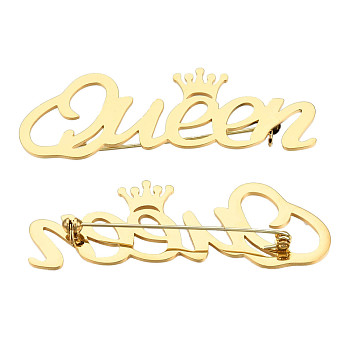 201 Stainless Steel Word Queen with Crown Lapel Pin, Creative Badge for Backpack Clothes, Nickel Free & Lead Free, Golden, 20x64x7mm, Pin: 0.7mm
