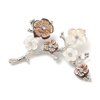 Natural Dyed White Shell Pendants, Flower Charms with Brass Rhinestone Findings, Platinum, 31x48x10mm, Hole: 7x3mm