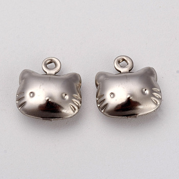 316 Surgical Stainless Steel Pendants, Cat Shape, Stainless Steel Color, 10x10x4mm, Hole: 1mm