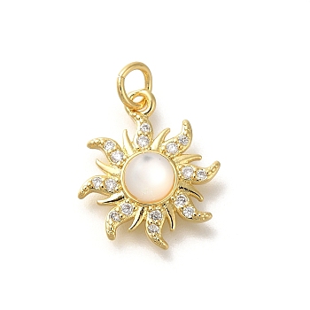 Rack Plating Brass with Cubic Zirconia Pendants, with Shell, Long-Lasting Plated, Lead Free & Cadmium Free, Sun Charms, with Jump Ring, Real 18K Gold Plated, 17x15x3mm, Hole: 3mm