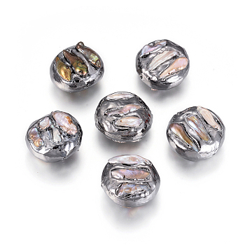 Natural Cultured Freshwater Pearl Beads, with Brass Findings, Flat Round, Gunmetal, 27x14~17mm, Hole: 1mm