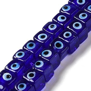 Handmade Evil Eye Lampwork Beads Strands, Cuboid, Medium Blue, 8~8.5x9.5~10x10~11mm, Hole: 3.7mm, about 40pcs/strand, 12.68 inch(32.2cm)