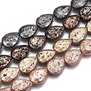 Electroplated Natural Lava Rock Bead Strands, Bumpy, Teardrop, Mixed Color, 15x11x5mm, Hole: 1.2mm, about 28pcs/strand, 15.75 inch(40cm)