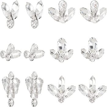12Pcs 6 Style Sew on Rhinestone, Glass Cabochons(Hot Melt Adhesive On The Back), with Iron Prong Settings, Garments Accessories, Mixed Shapes, Crystal, 15x26x6mm, Hole: 1mm, 2pcs/style