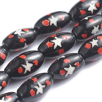 Handmade Printed Porcelain Beads, Oval, Star Pattern, 14~16x8~9mm, Hole: 1.5~2mm, about 23pcs/Strand, 13.5 inch(34cm)