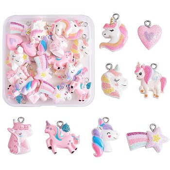32Pcs 8 Styles Opaque Resin Pendants, Unicorn Theme Charm, with Glitter Powder and Platinum Tone Iron Loops, Mixed Shapes, Mixed Color, 16~22.5x14.5~24x5~6mm, Hole: 2mm, 4pcs/style