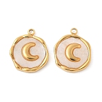 304 Stainless Steel Pave Natural Shell Pendants, Flat Round Charms, Real 18K Gold Plated, Moon, 15.5~16x12.5~13.5x2.5mm, Hole: 1.5mm(STAS-F319-02A-G02)