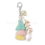 Handmade Macrame Nylon Thread Pendant Decorations, Wood & Shell Beads and Alloy Clasps Charms for Bag or Keychain Ornaments, Pale Turquoise, 160mm(HJEW-P019-11P-01)