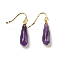 Ion Plating(IP) Natural Amethyst Dangle Earring, with Brass Earring Hook, Teardrop, 34~36x7~7.5mm(EJEW-C084-01G-01)