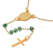 304 Stainless Steel & Glass Rosary Bead Necklaces for Women, Golden, Green, 21.65 inch(55cm)(NJEW-B112-02G-02)