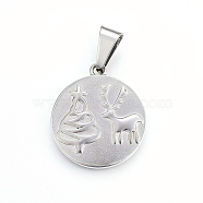 304 Stainless Steel Pendants, Flat Round with Christmas Tree and Christmas Reindeer/Stag, Stainless Steel Color, 28x25x3mm, Hole: 10x5mm(STAS-P211-12P)