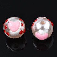 ABS Plastic Imitation Pearl Beads, with Enamel, Round with Heart, Pink, 12x11mm, Hole: 2mm(KY-N015-104)
