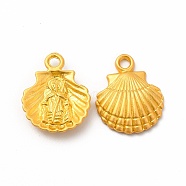 Rack Plating Alloy Pendants, Shell with Saint Charm, Matte Gold Color, 18x14.3x3.4mm, Hole: 1.7mm(PALLOY-A001-17MG)