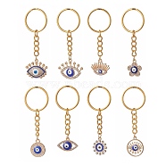 Evil Eye Enamel Rhinestone Keychain, with Alloy Findings, Flower/Flat Round/Eye
, 7.2cm, 8pcs/set(KEYC-JKC00464)