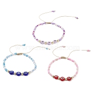 3Pcs 3 Color Evil Eye Lampwork & Glass Seed Braided Bead Bracelets Set, Nylon Adjustable Bracelets, Mixed Color, Inner Diameter: 2~3-3/8 inch(5.05~86.5cm), 1Pc/color(BJEW-JB09574)