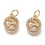 Brass Micro Pave Clear Cubic Zirconia Charms, Long-Lasting Plated, with Jump Ring, Flat Round with Deer, Golden, 11.5x9x2.5mm, Jump Ring: 5x1mm, 3mm Inner Diameter(ZIRC-C020-58G)