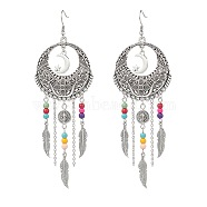 Alloy Moon Web with Feather Chandelier Earrings, Saint Benedict Medal
 & Synthetic Turquoise Beaded Long Drop Earrings for Women, Colorful, 125mm, Pin: 0.7mm(EJEW-JE05120)