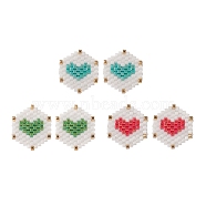 3 Pairs 3 Color Glass Seed Braided Hexagon with Heart Stud Earrings, Golden Brass Wire Wrap Jewelry for Women, Mixed Color, 17x15mm, Pin: 0.7mm, 1 Pair/color(EJEW-MZ00009)