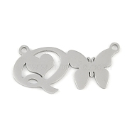 Non-Tarnish 304 Stainless Steel Pendants, Letter & Butterfly Charms, Letter Q, 11.5x25x0.9mm, Hole: 1.2mm(STAS-L279-002P-Q)