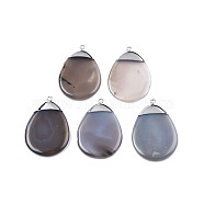 Natural Grey Agate Big Pendants, with Platinum Plated Brass Findings, Teardrop Charm, 55~57x39~39.5x6~7mm, Hole: 2.5mm(G-N326-147)