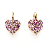 Brass Micro Pave Cubic Zirconia Charms, Nickel Free, Real 18K Gold Plated, Heart, Orchid, 7x5x1.5mm, Hole: 1.8mm(KK-P157-14G-01B-NF)
