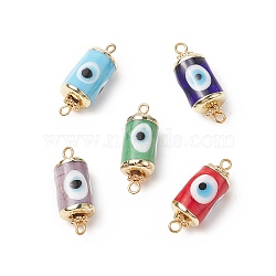 Handmade Evil Eye Lampwork Connector Charms, Column Links, with Golden Plated Brass Double Loops, Mixed Color, 25~26.5x10mm, Hole: 2~2.1mm(PALLOY-TA00021)