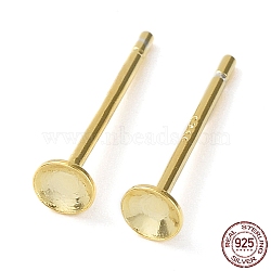 925 Sterling Silver Stud Earring Findings, Flat Round Earring Settings, for Bead, with S925 Stamp, Real 18K Gold Plated, 12x3mm, Pin: 0.7mm(STER-E068-02A-G)