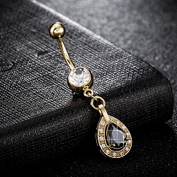 Piercing Jewelry, Brass Cubic Zirconia Navel Ring, Belly Rings, with 304 Stainless Steel Bar, Cadmium Free & Lead Free, teardrop, Real 18K Gold Plated, Black, 47x10mm, Bar: 15 Gauge(1.5mm), Bar Length: 3/8"(10mm)(AJEW-EE0003-06B)