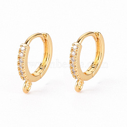 Brass Micro Pave Clear Cubic Zirconia Hoop Earring Findings, with Horizontal Loop, Real 18K Gold Plated, 14x13x2mm, Hole: 1.2mm, Pin: 1x0.6mm(ZIRC-S068-009B-NF)