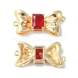 Brass Pave Cubic Zirconia Connector Charms, Real 18K Gold Plated, Bowknot Links, Red, 11x23x4.5mm, Hole: 1mm(KK-L208-01G-01)