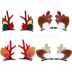 4 Pairs 4 Style Christmas Theme Antler Cloth & Iron Alligator Hair Clips, Hair Accessories for Women Girls, Mixed Color, 72~77x46~54x10~26.5mm, 1 pair/style(PHAR-CP0001-16)