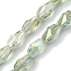 Transparent Electroplate Glass Beads Strands, Half Rainbow Plated, Faceted, Teardrop, Pale Green, 9x5.5~6x5.5~6mm, Hole: 1.2mm, about 70pcs/strand, 25.35''(64.4cm)(GLAA-K064-03B-HR02)