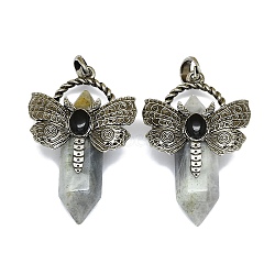 Natural Labradorite Faceted Pointed Bullet Big Pendants, Rack Plating Antique Silver Plated Alloy Butterfly Charms, Cadmium Free & Lead Free, 54x33.5x18.5~19mm, Hole: 6.5x7.5mm(G-Q165-01AS-03)