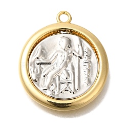 Brass Pendants, Flat Round, Ancient Zeus Seated Charms, Real 18K Gold Plated, 22x19x3mm, Hole: 1.6mm(KK-K389-111G)