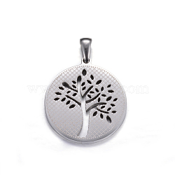 304 Stainless Steel Pendants, Flat Round with Tree of Life, Stainless Steel Color, 27.5x25x2mm, Hole: 7x3mm(STAS-K162-105P)