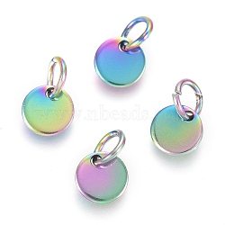 Ion Plating(IP) 304 Stainless Steel Charms, with Jump Rings, Blank Stamping Tag, Flat Round, Rainbow Color, 6x0.7mm, Hole: 3.5mm(EJEW-L238-03A-M)